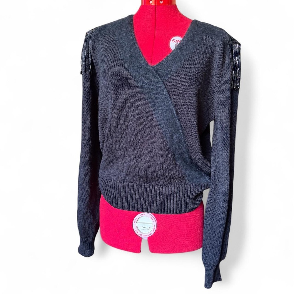 Black angora wool blend v neck sweater with beaded fringe shoulders size large